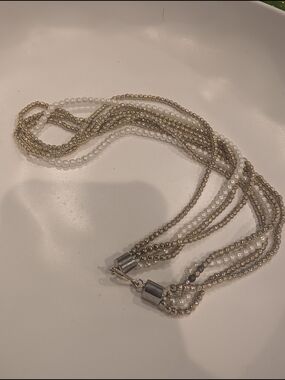 Multi-Strand Gold and White Beaded Necklace